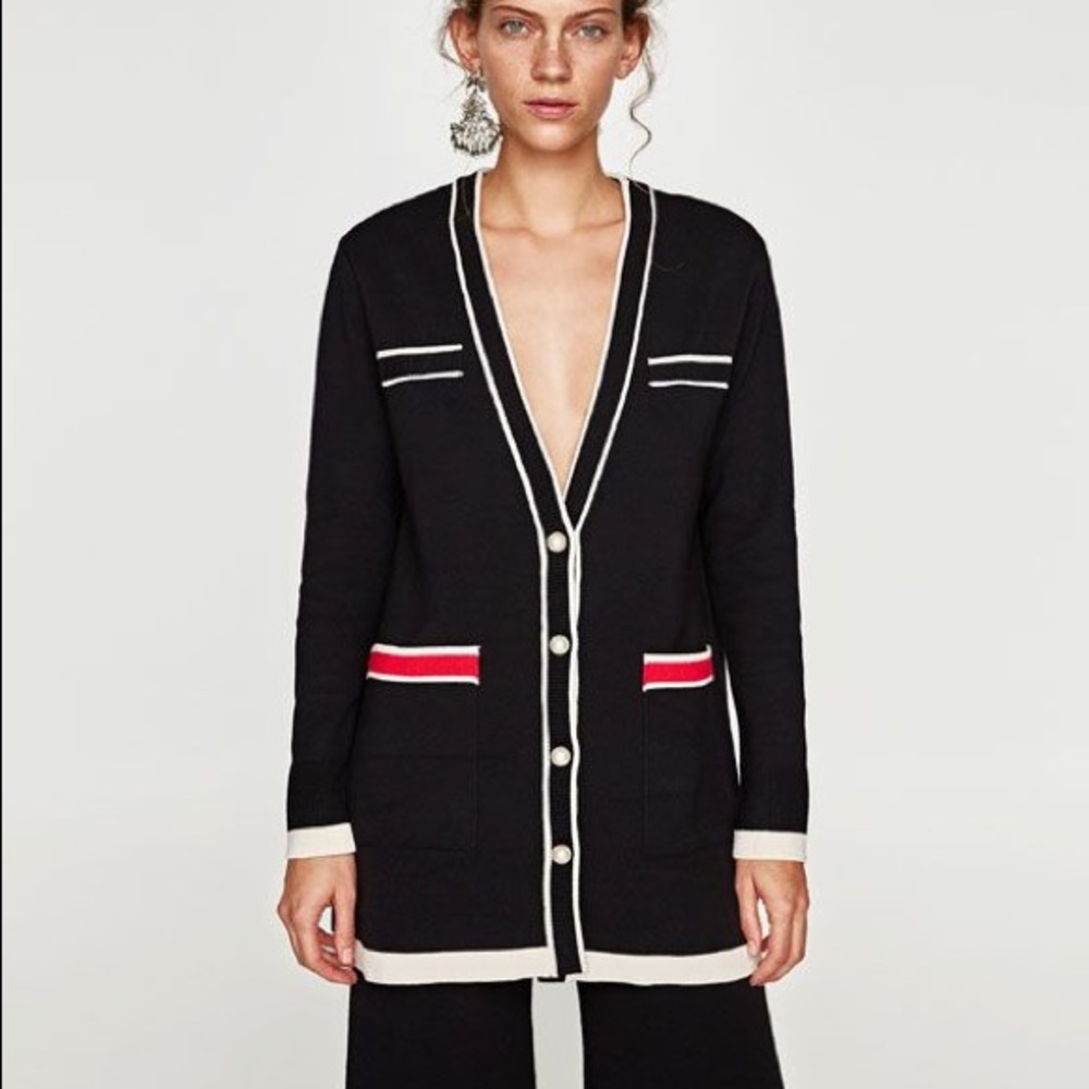 Zara Black Contrast Piping Knit Cardigan with Pearl Buttons